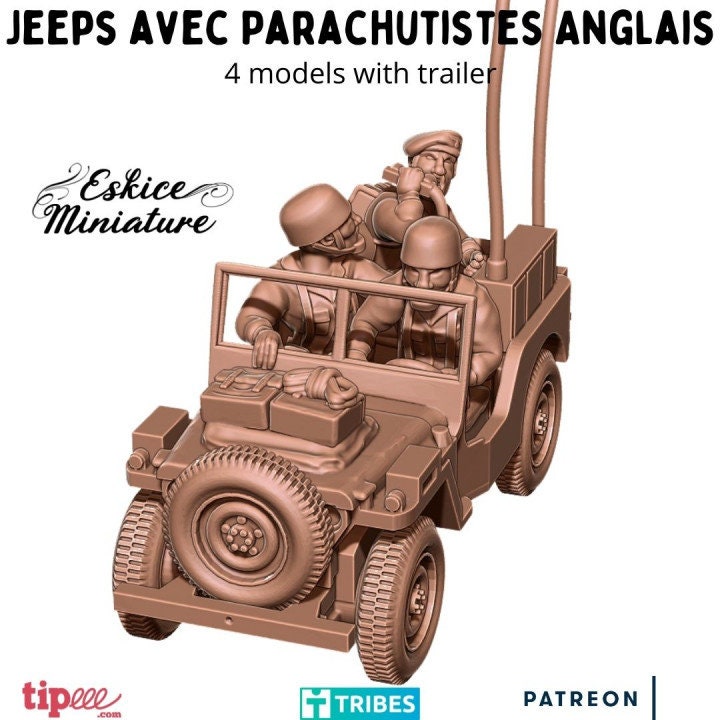 WWII UK Paratroopers Jeeps Set - 3 Jeeps 10 Crew Trailer Various Scales Historical Wargaming