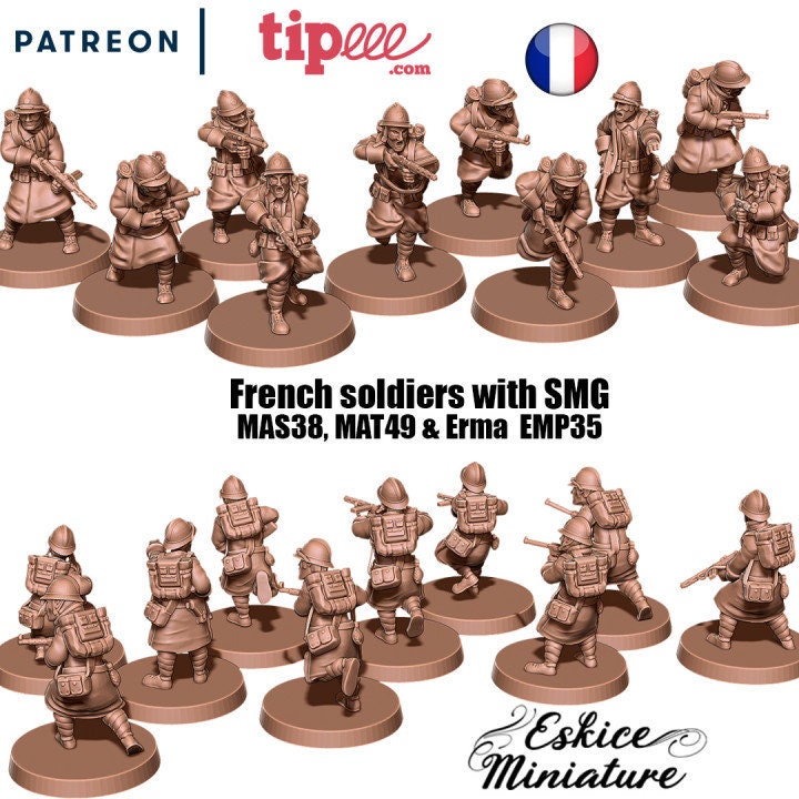 WWII French Infantry Squad with SMGs (10 models) Various Scales Historical Wargaming