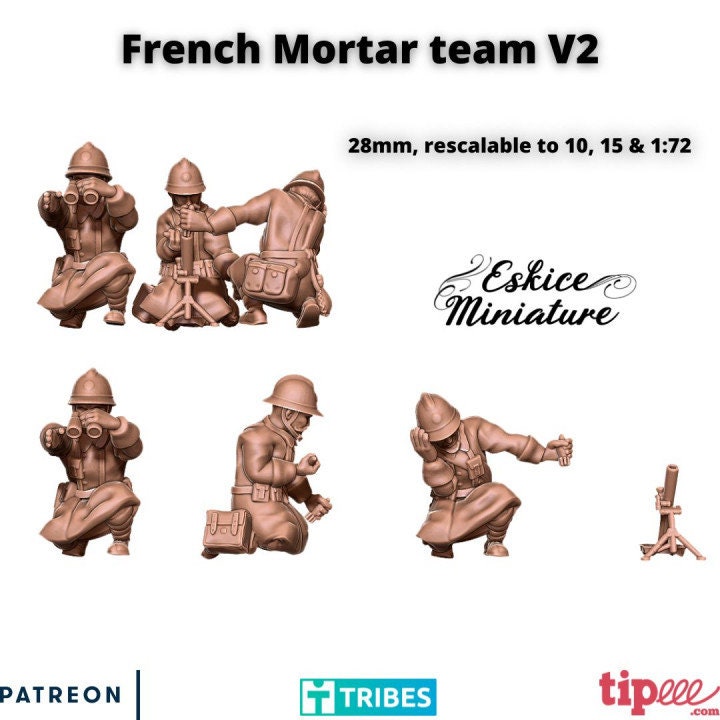WWII French Mortar Team (3 models) Various Scales Historical Wargaming