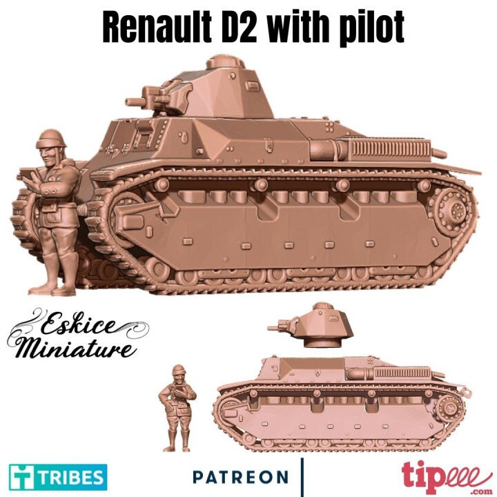 WWII French Renault D2 Tank with Driver Various Scales Historical Wargaming