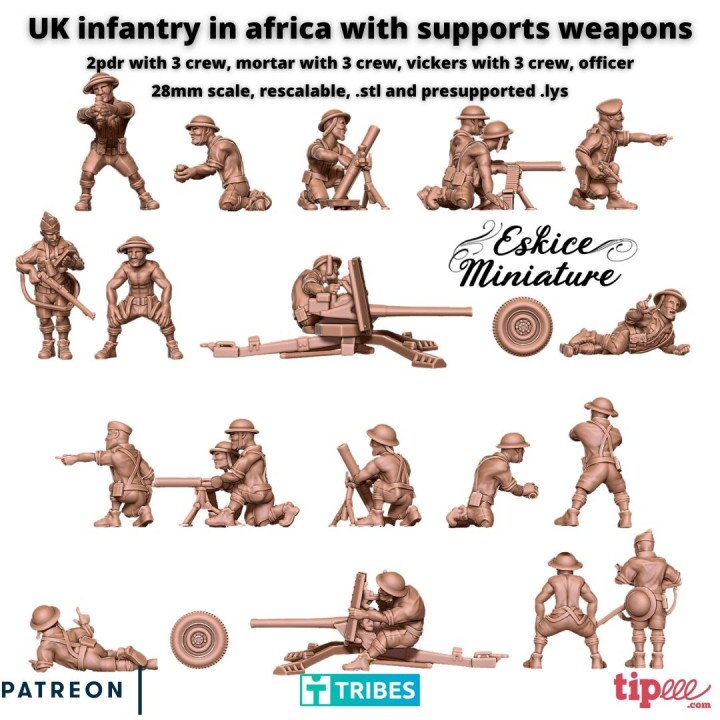 WWII UK 8th Army Support Weapons Set (2pdr Gun, Mortar and MMG with Crews) Various Scales Historical Wargaming