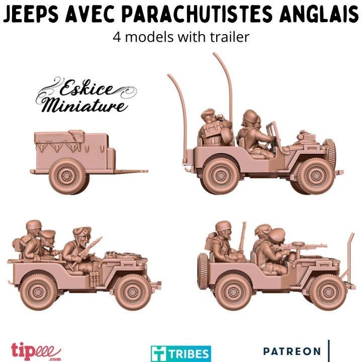 WWII UK Paratroopers Jeeps Set - 3 Jeeps 10 Crew Trailer Various Scales Historical Wargaming