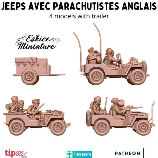 WWII UK Paratroopers Jeeps Set - 3 Jeeps 10 Crew Trailer Various Scales Historical Wargaming