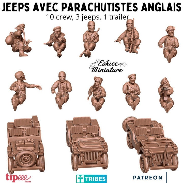 WWII UK Paratroopers Jeeps Set - 3 Jeeps 10 Crew Trailer Various Scales Historical Wargaming
