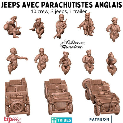 WWII UK Paratroopers Jeeps Set - 3 Jeeps 10 Crew Trailer Various Scales Historical Wargaming