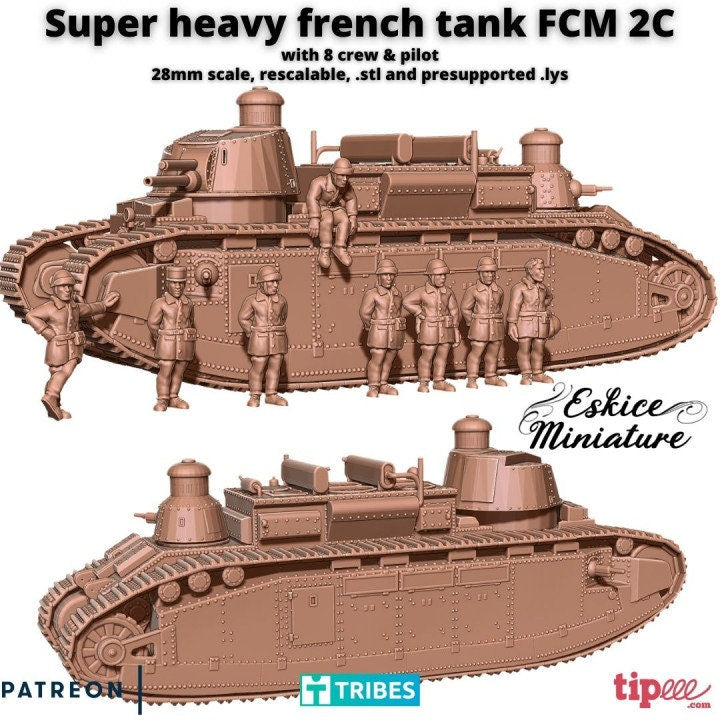 WWII French Char 2 FCM 2C with Crew (1 tank and 8 crew) Various Scales Historical Wargaming