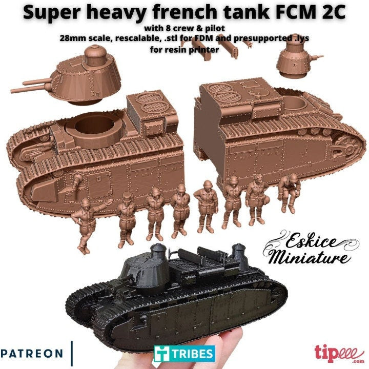 WWII French Char 2 FCM 2C with Crew (1 tank and 8 crew) Various Scales Historical Wargaming