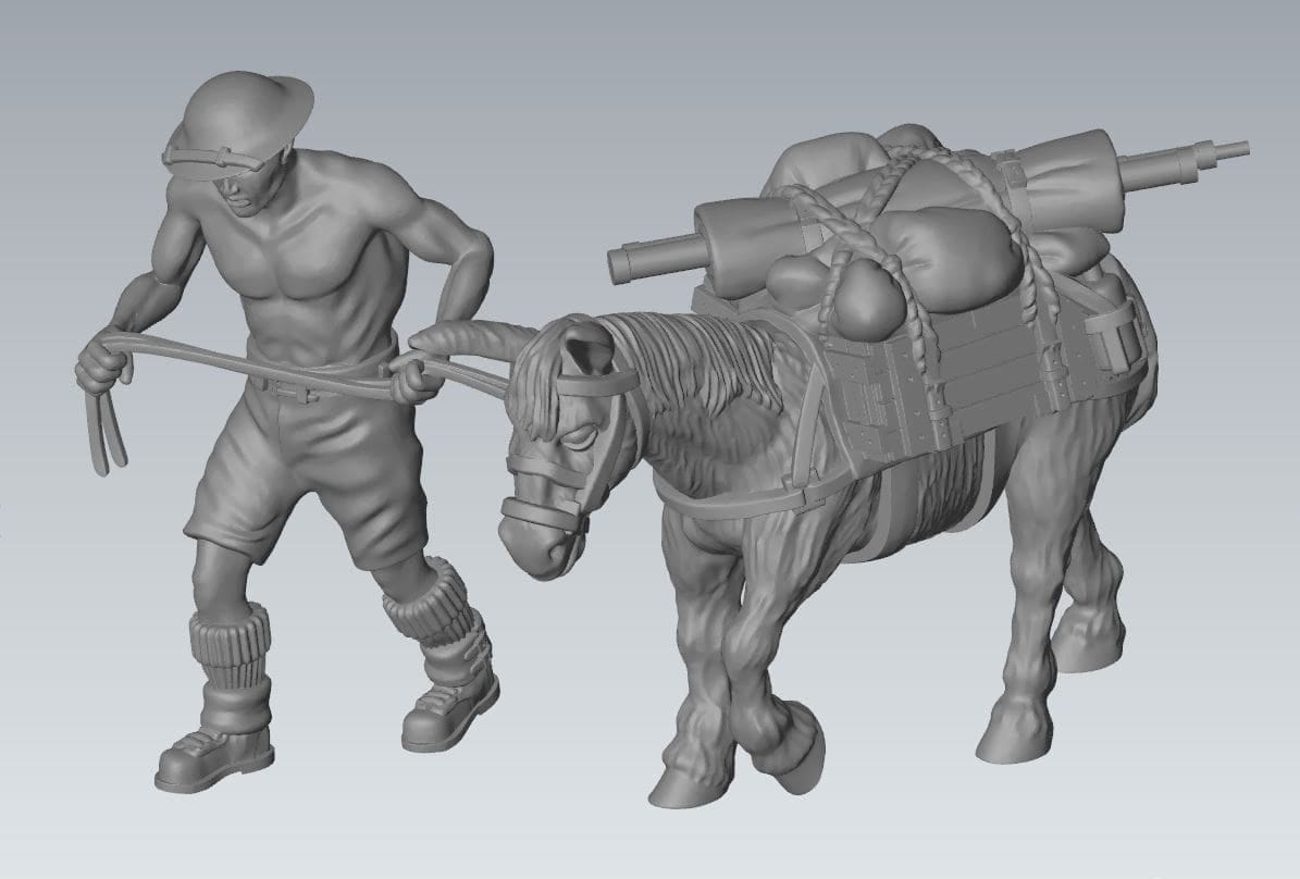 WWII 8th Army Mule Tow with Handler (2 models) Various Scales Historical Wargaming (US tariffs are pre-paid by us)