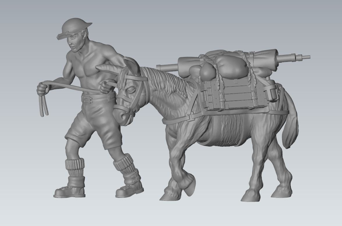 WWII 8th Army Mule Tow with Handler (2 models) Various Scales Historical Wargaming (US tariffs are pre-paid by us)
