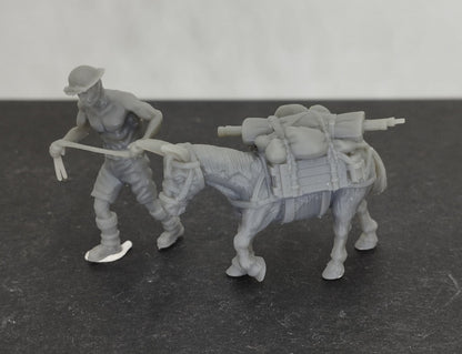 WWII 8th Army Mule Tow with Handler (2 models) Various Scales Historical Wargaming (US tariffs are pre-paid by us)