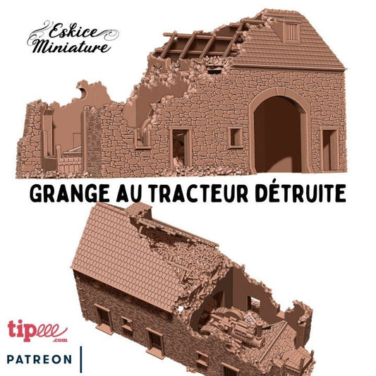 Wargaming Terrain Destroyed Garage with Tractor Various Scales Historical Wargaming
