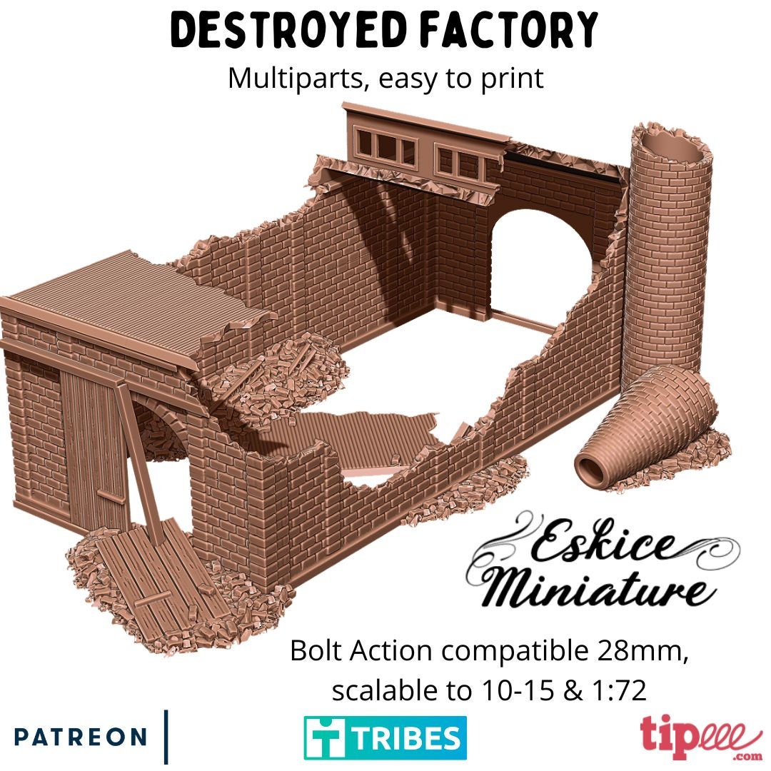 Wargaming Terrain Destroyed Factory Building Various Scales Historical Wargaming (US tariffs are pre-paid by us)