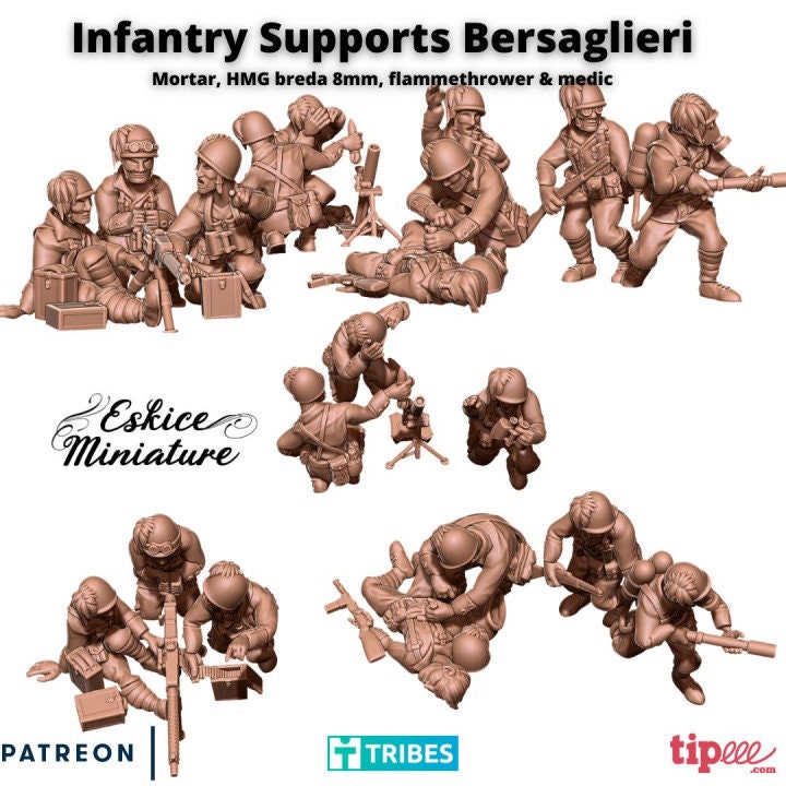 WWII Italian Bersaglieri Support Weapons Set (Mortar, HMG, Flamethrower and Medic 10 Models) Various Scales Historical Wargaming