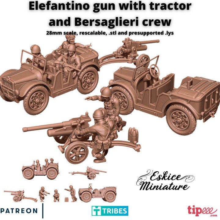 WWII Italian Elefantino Gun with Tow and Bersaglieri Crew Various Scales Historical Wargaming (US tariffs are pre-paid by us)