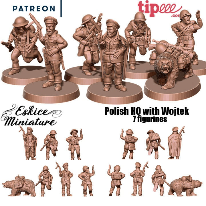 WWII Polish HQ with Bear Wojtek (7 models) Various Scales Historical Wargaming