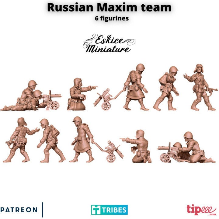 WWII Soviet Maxim Team (Deployed or Redeploying, 3 models) Various Scales Historical Wargaming
