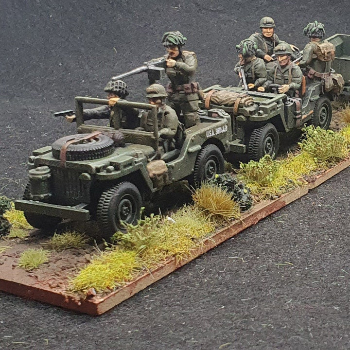 WWII US Paratroopers Jeep Set (3 Jeeps + Trailer) with Crew Various Scales Historical Wargaming