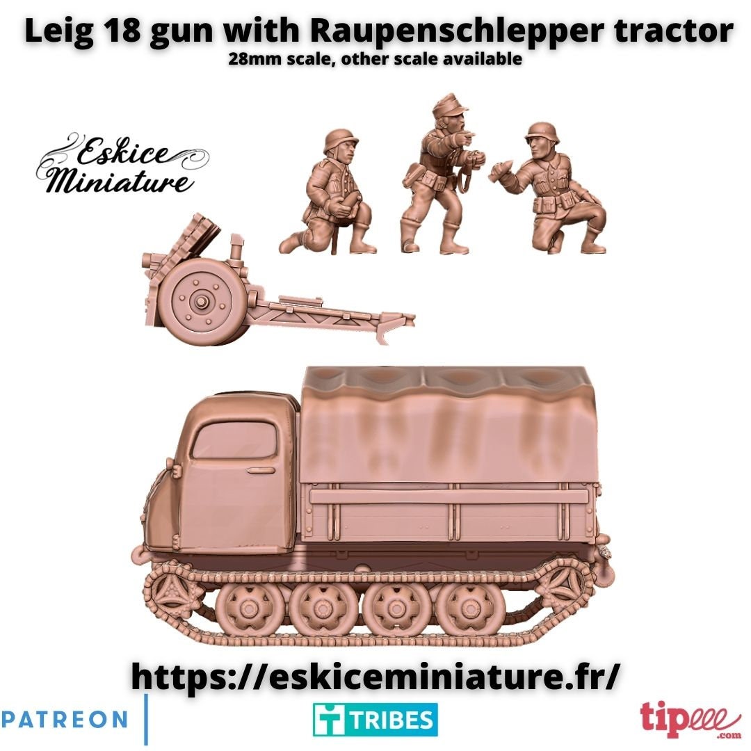 WWII German Leig 18 Gun with Crew and Tractor Raupenschlepper Various Scales Historical Wargaming