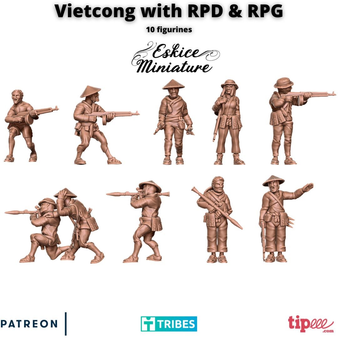 Vietnam War Vietcong Squad with RPD & RPG (10 models) Various Scales Historical Wargaming