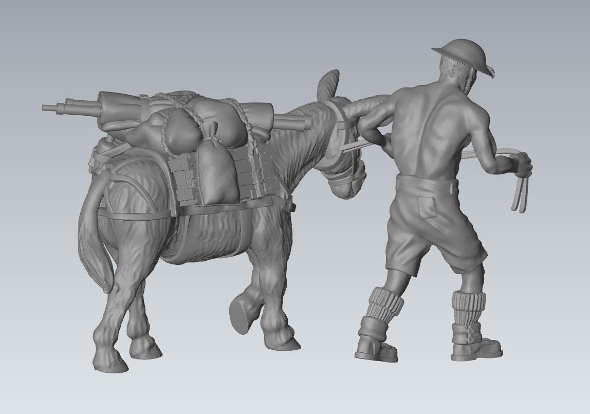 WWII 8th Army Mule Tow with Handler (2 models) Various Scales Historical Wargaming (US tariffs are pre-paid by us)