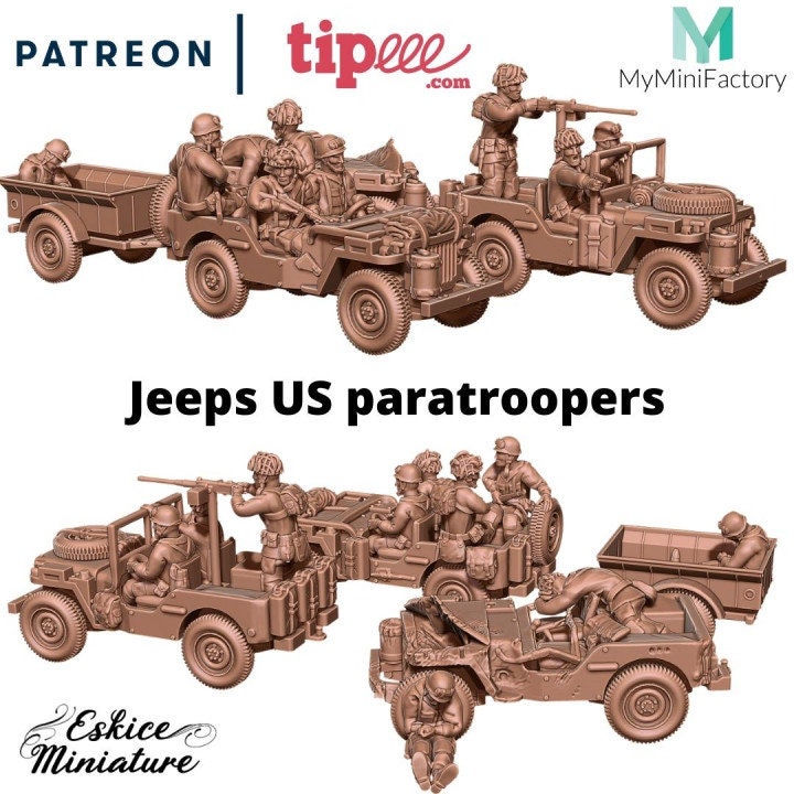 WWII US Paratroopers Jeep Set (3 Jeeps + Trailer) with Crew Various Scales Historical Wargaming