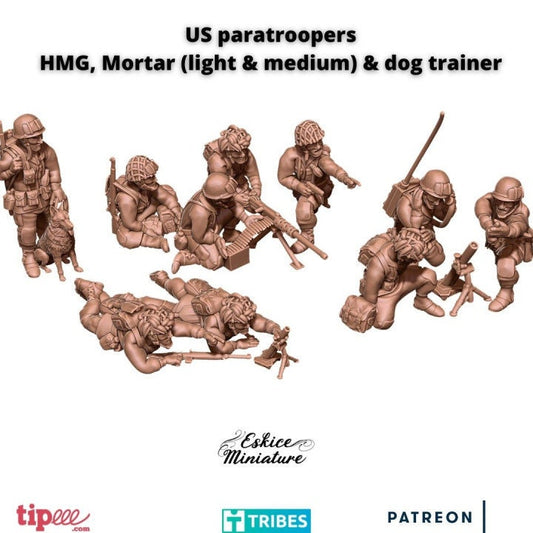 WWII US Paratroopers Support Weapons Set HMG, Light Mortar, Medium Mortar, Dog Trainer (10 models) Various Scales Historical Wargaming