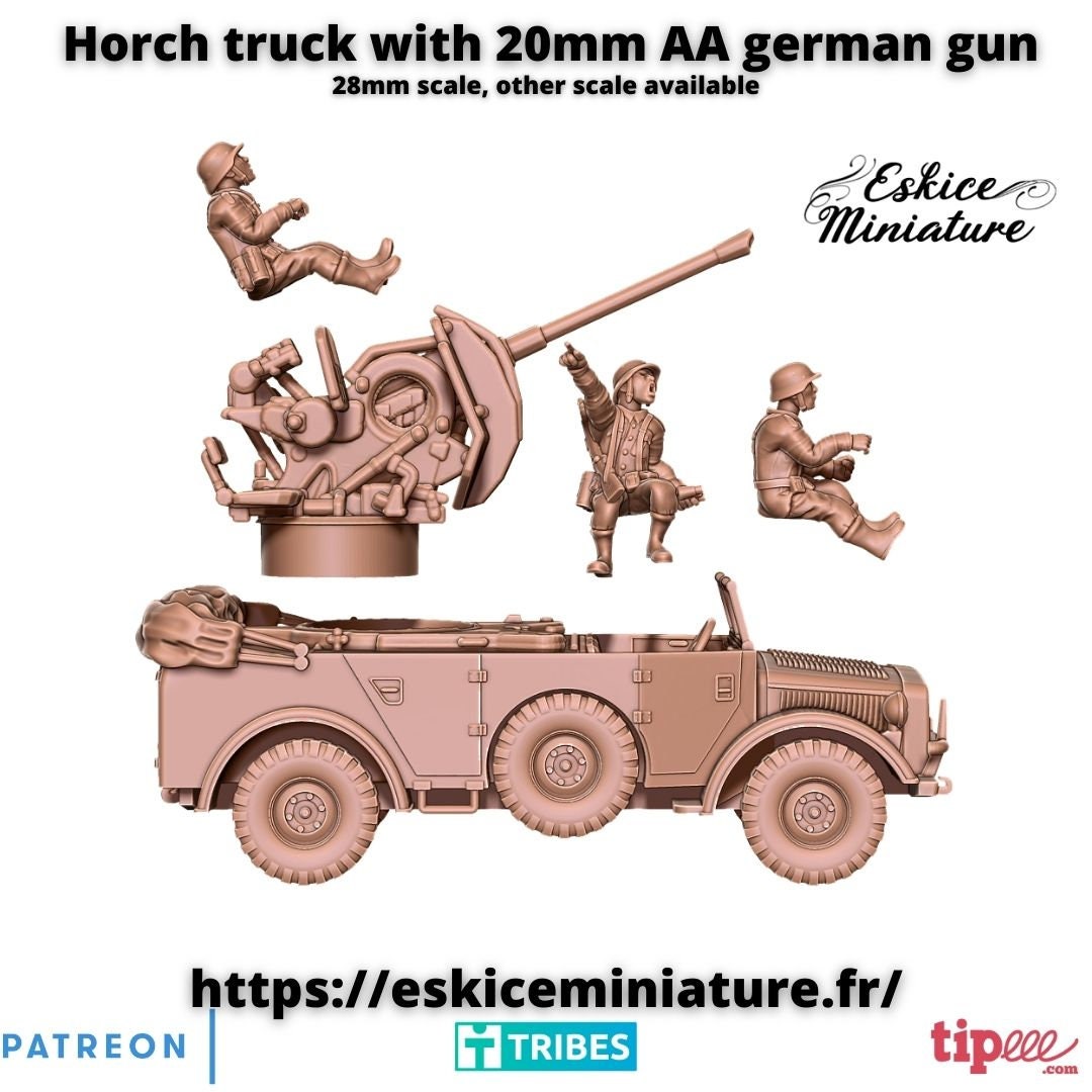 WWII German Horch A1 Truck with 2cm Flak with Crew Various Scales Historical Wargaming (1 model)