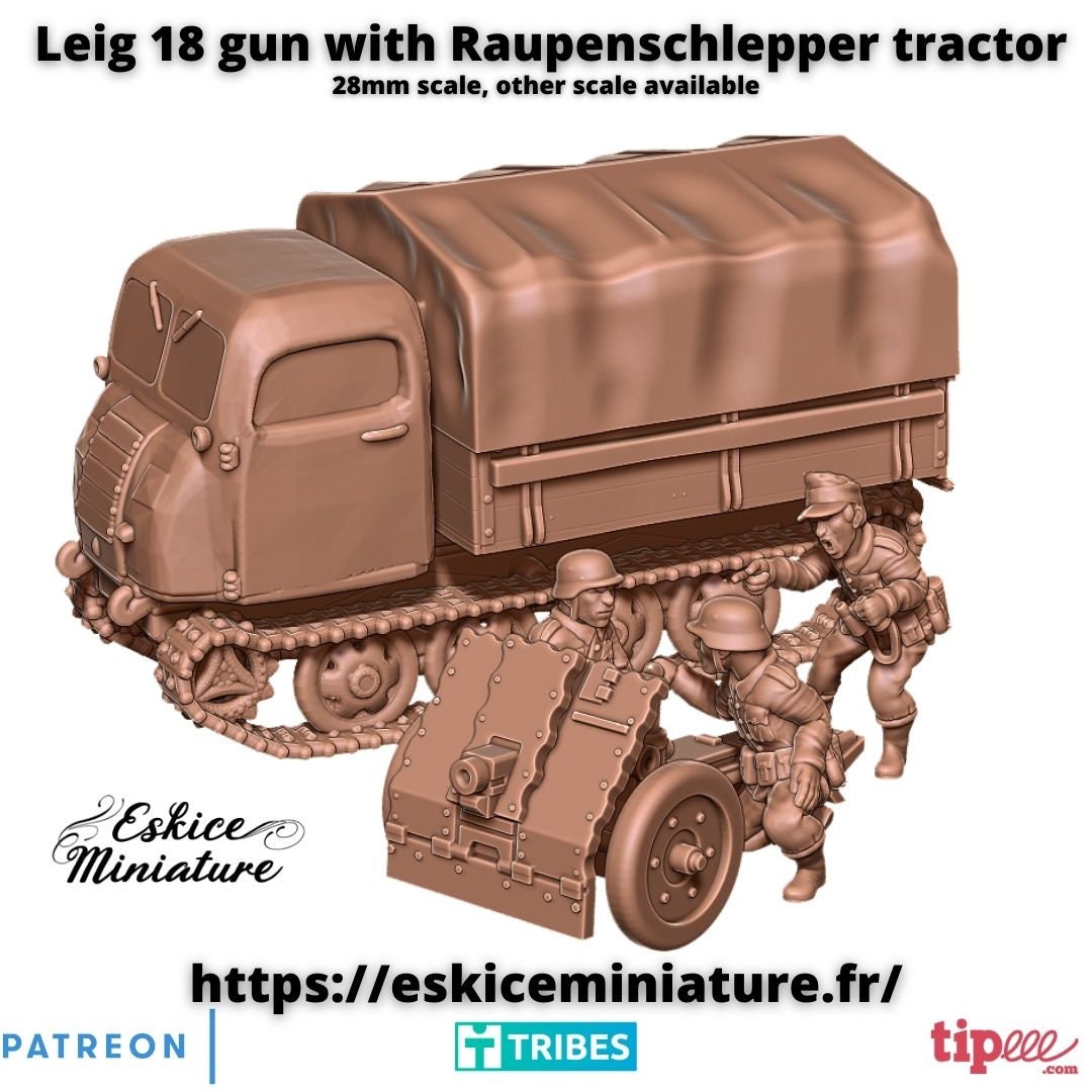 WWII German Leig 18 Gun with Crew and Tractor Raupenschlepper Various Scales Historical Wargaming (US tariffs are pre-paid by us)