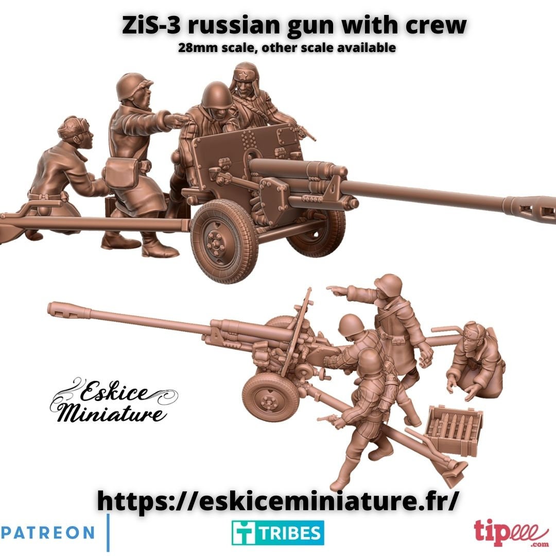 WWII Soviet Zis-3 Gun with Crew (4 models) Various Scales Historical Wargaming