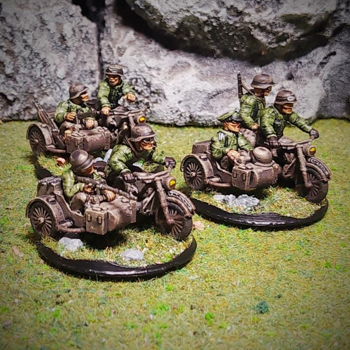 WWII German Sidecar Bikers Set Kradschutzen (3 bikes) Various Scales Historical Wargaming (US tariffs are pre-paid by us)