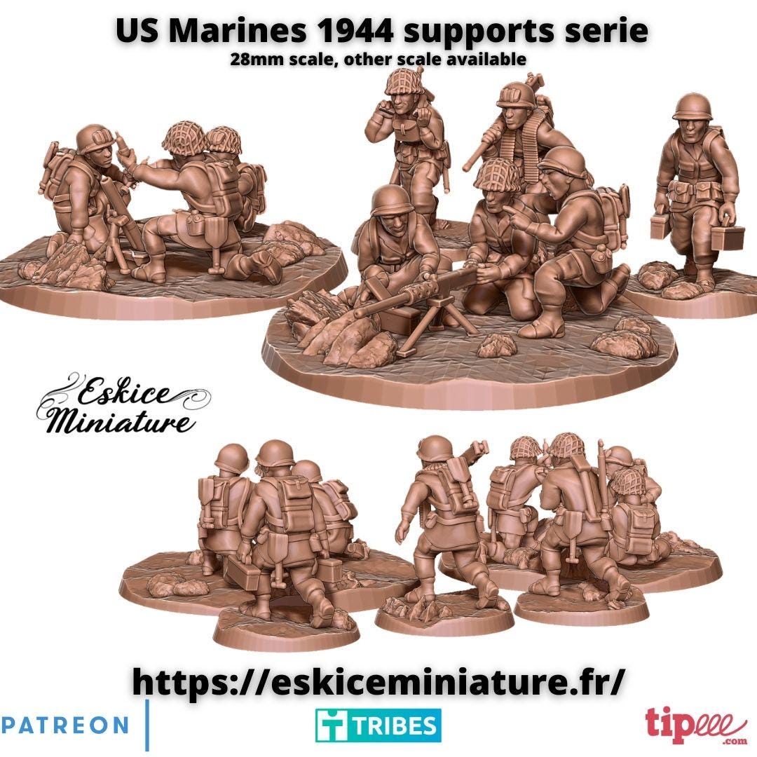 WWII US Marines 44 Support Squad Mortar MMG (9 models) Various Scales Historical Wargaming