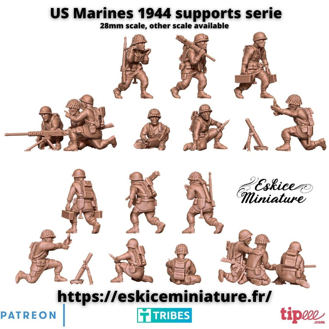 WWII US Marines 44 Support Squad Mortar MMG (9 models) Various Scales Historical Wargaming