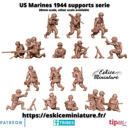 WWII US Marines 44 Support Squad Mortar MMG (9 models) Various Scales Historical Wargaming