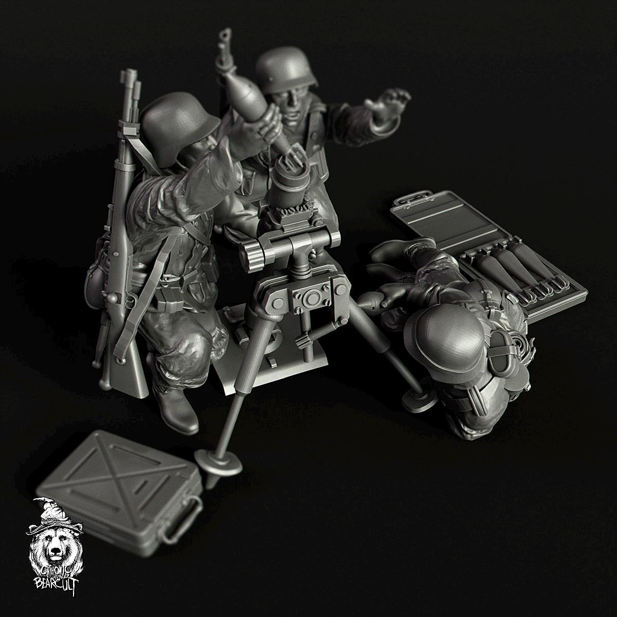 WWII German 8cm GrW 34 Mortar Team with Spotter (4 models) Various Scales Historical Wargaming