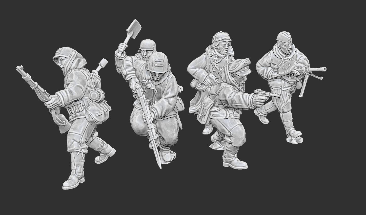 WWII Late War German Dismounted Cavalry Attacking with Soviet Weapons (6 models) Various Scales Historical Wargaming