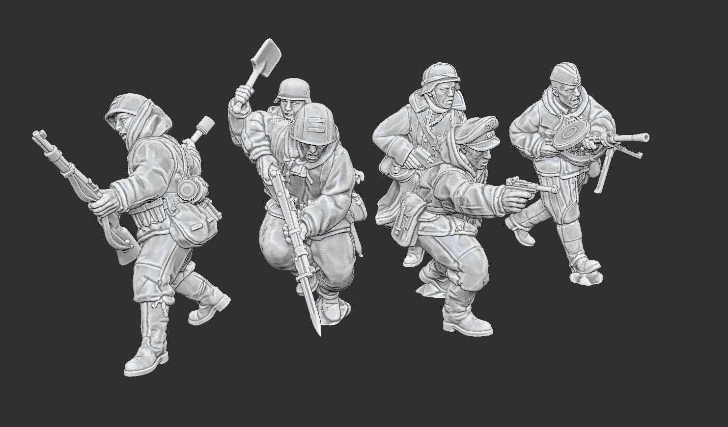 WWII Late War German Dismounted Cavalry Attacking with Soviet Weapons (6 models) Various Scales Historical Wargaming