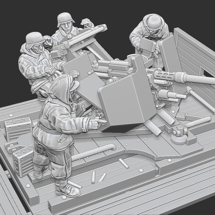 WWII German 3.7cm FlaK on Cargo Platform with Crew Various Scales Historical Wargaming