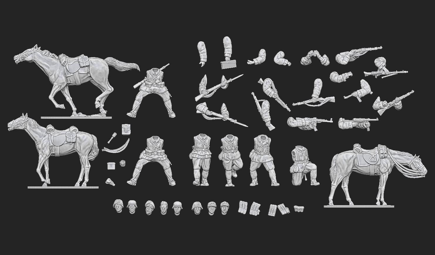 WWII German Cavalry Set (3 mounted models plus 4 dismounted) Various Scales Historical Wargaming