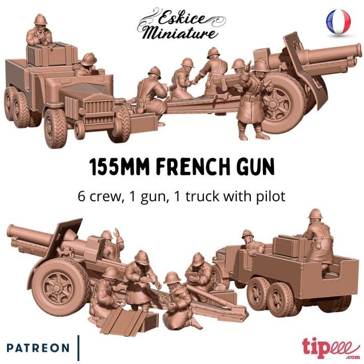 WWII French 155mm Howitzer with Crew and Tow Various Scales Historical Wargaming