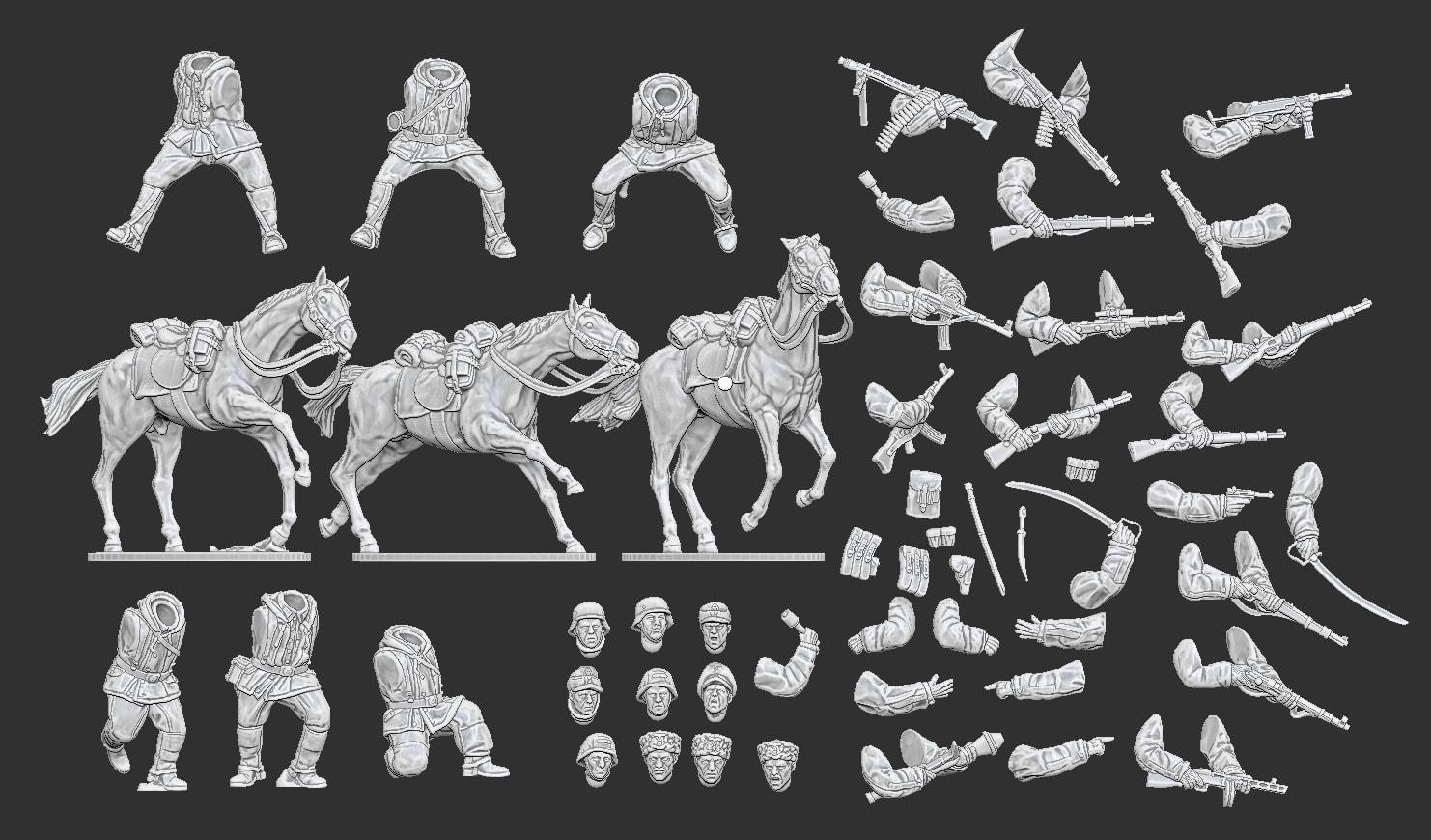 WWII Late War German Cavalry – multipart set (6 models) Various Scales Historical Wargaming