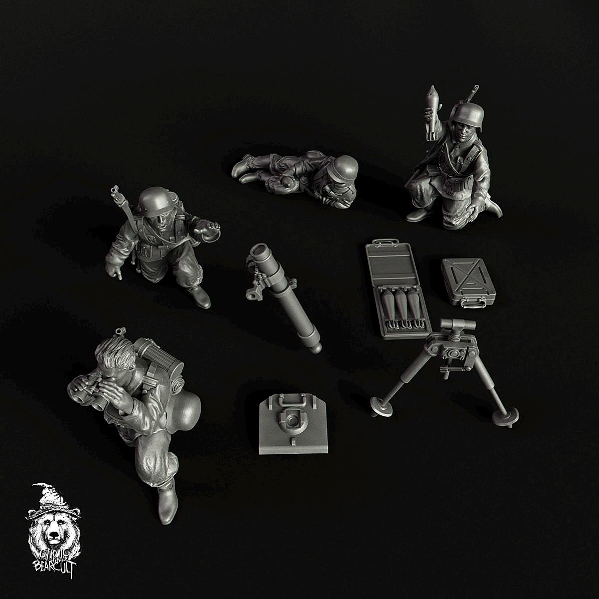 WWII German 8cm GrW 34 Mortar Team with Spotter (4 models) Various Scales Historical Wargaming