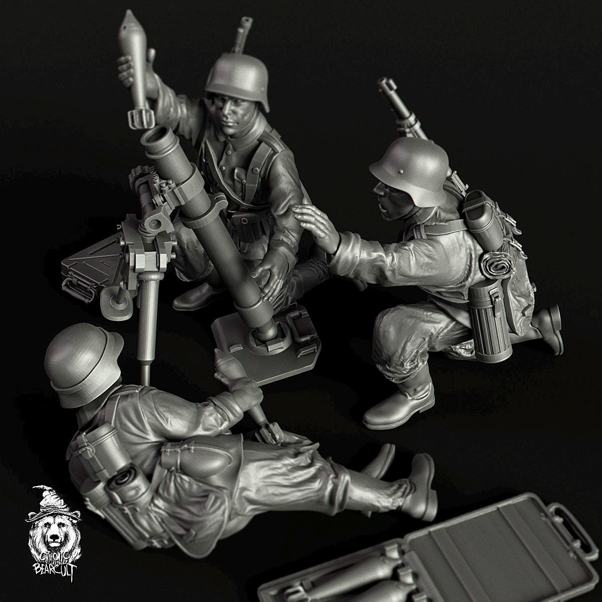 WWII German 8cm GrW 34 Mortar Team with Spotter (4 models) Various Scales Historical Wargaming