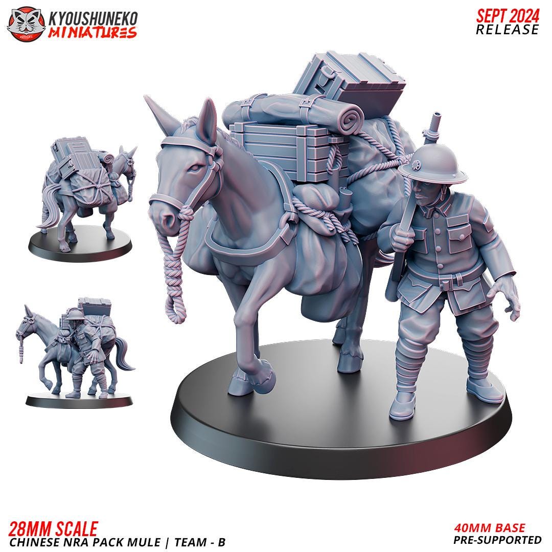 WWII Chinese NRA Pack Mules Set (3 Mules and 3 Handlers) Various Scales Historical Wargaming (US tariffs are pre-paid by us)