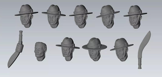 WWII Ghurka Head Set (9 heads) Various Scales Historical Wargaming (US tariffs are pre-paid by us)