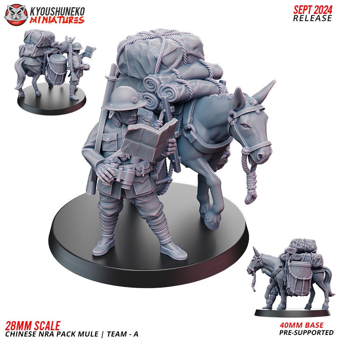 WWII Chinese NRA Pack Mules Set (3 Mules and 3 Handlers) Various Scales Historical Wargaming