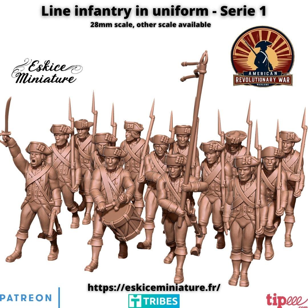 American Revolutionary War Line Infantry Unit 1 (14 models) Various Scales Historical Wargaming (US tariffs are pre-paid by us)