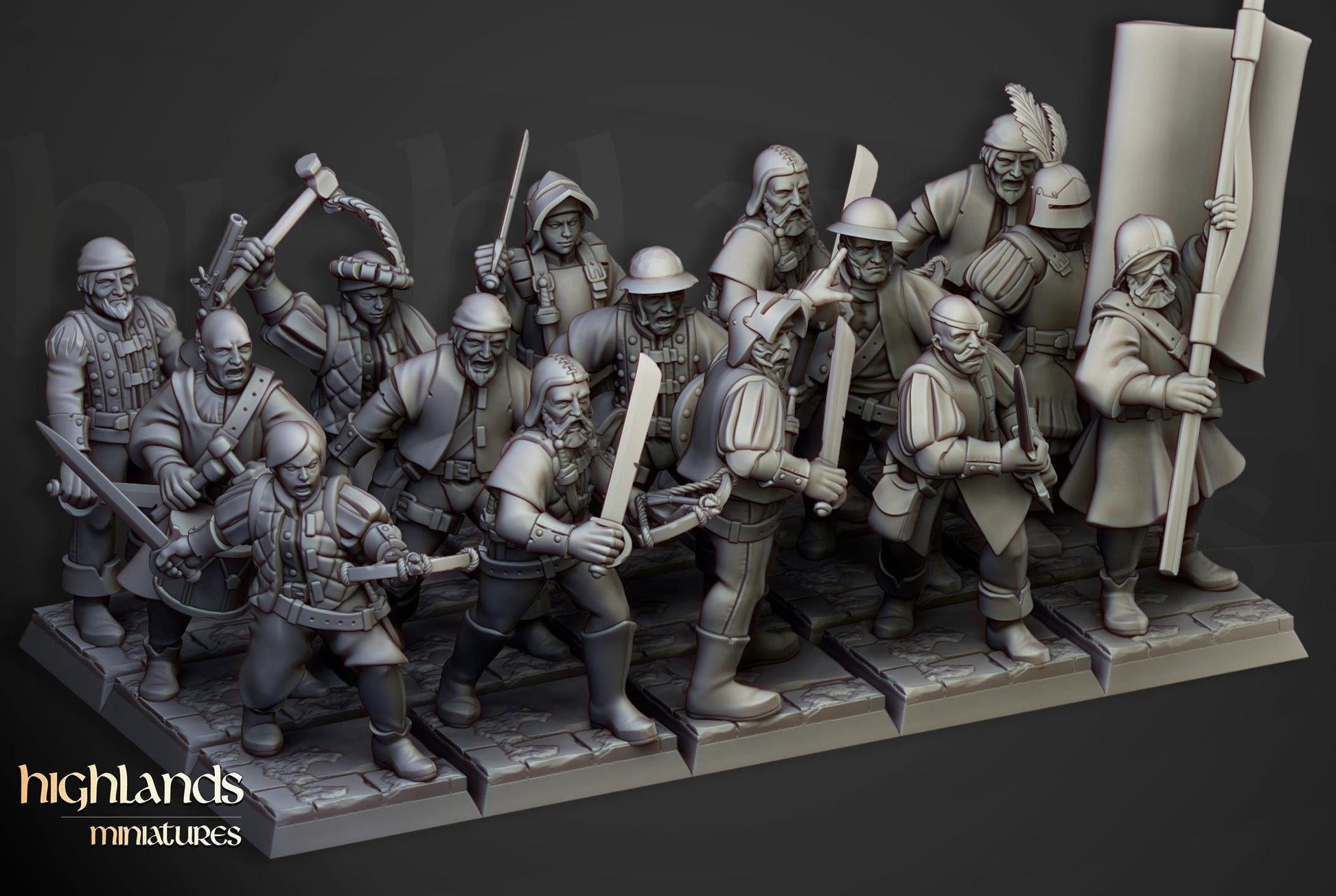 Sunland Militia with Command Group 10 multipart models Highland Miniatures Various Scales (US tariffs are pre-paid by us)