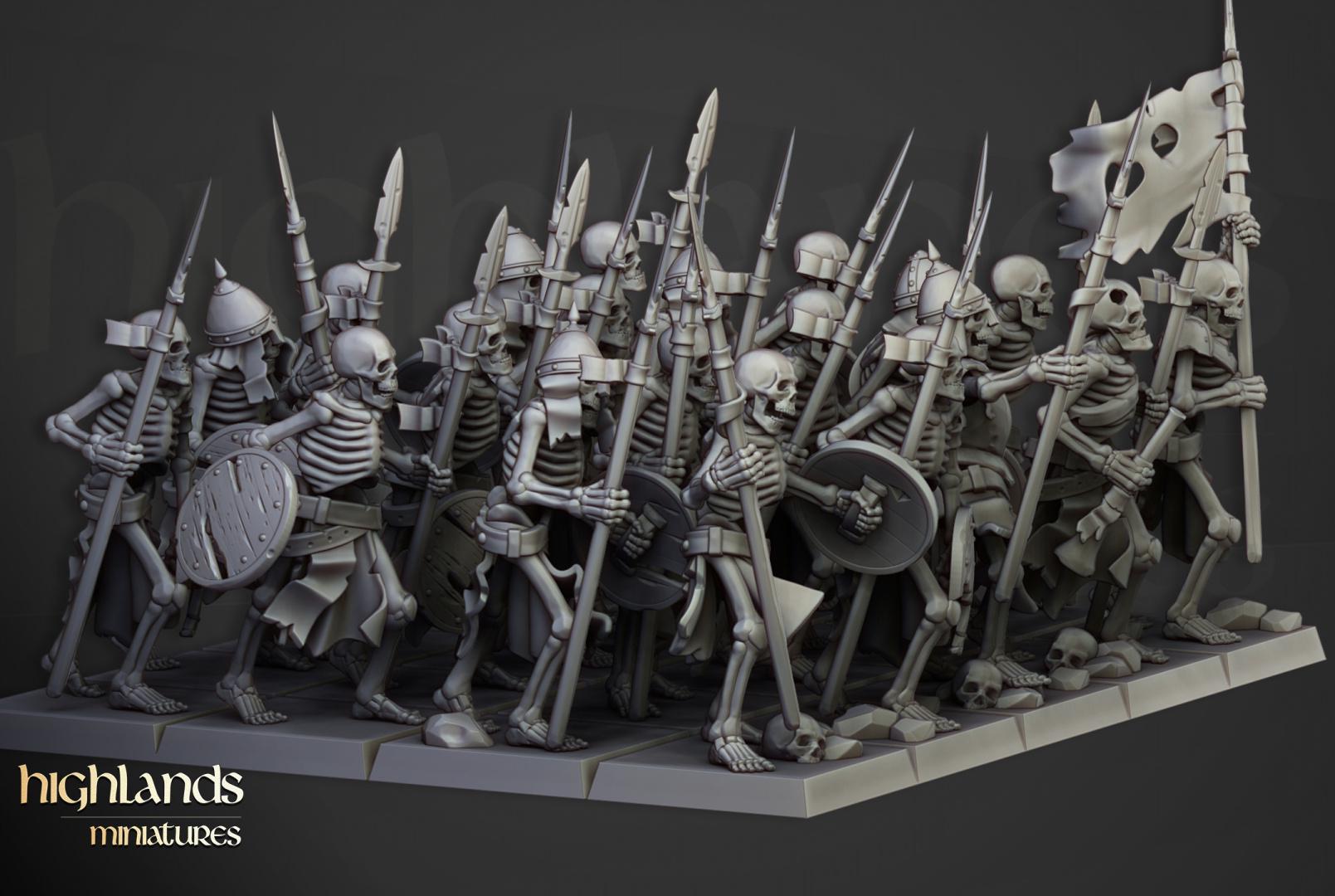 Skeleton Warriors with Spears and Command Group 10 models Highland Miniatures Transilvanya Undead Various Scales