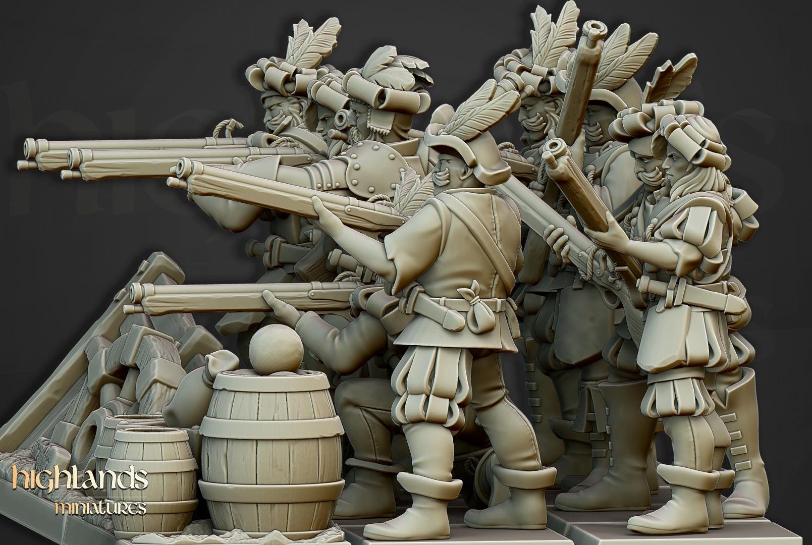 Arquebusiers Unit 10 models Highland Miniatures Various Scales (US tariffs are pre-paid by us)