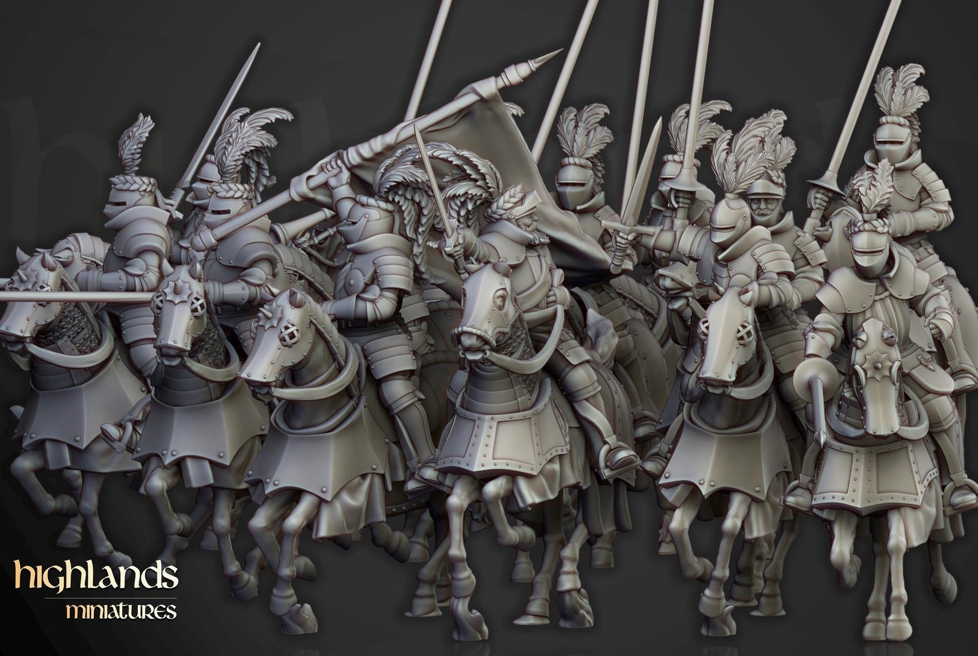 Sunland Knights on Horse with Command Group 10 multipart models Highland Miniatures Cavalry various scales (US tariffs are pre-paid by us)